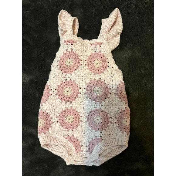Zara Other - Zara Baby Girls Pink Crochet Granny Square Ruffle Romper 3-6 Months